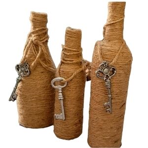 3 Upcycled, Twine Wrapped Wine Bottles, Decorative Key Details, Handmade